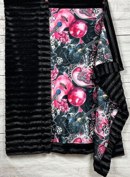 Cowgirl Pink Hat and Guitars on Black Luxe Large 55x79 Minky Blanket