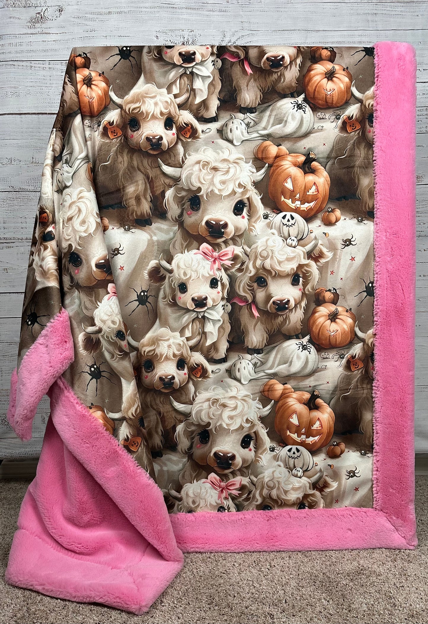 Cute Highland Cows Halloween on Blush Pink Luxe Large 55x79 Minky Blanket