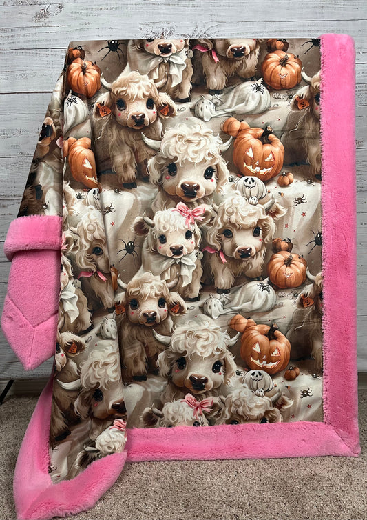 Cute Highland Cows Halloween on Blush Pink Luxe Large 55x79 Minky Blanket