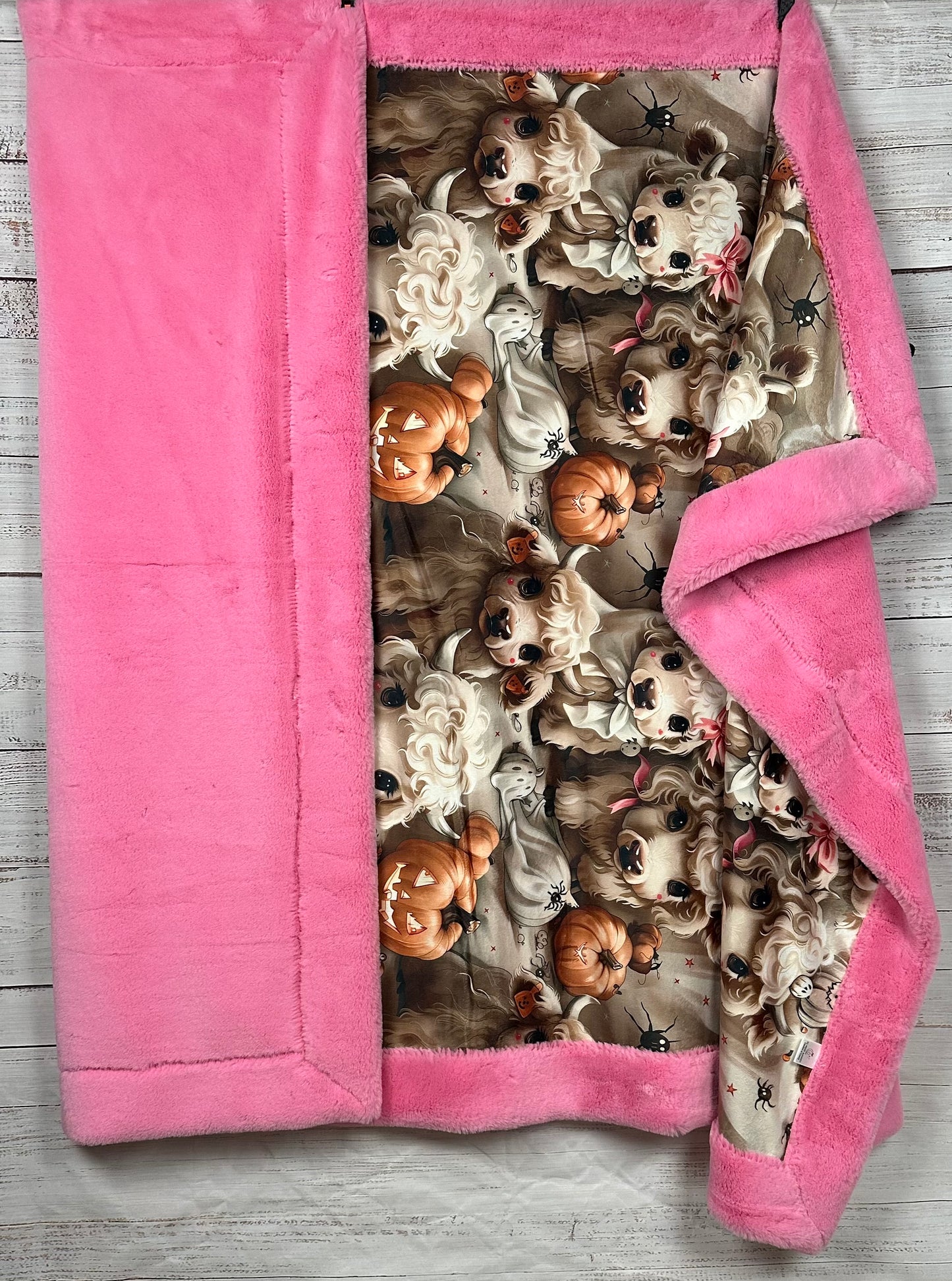 Cute Highland Cows Halloween on Blush Pink Luxe Large 55x79 Minky Blanket