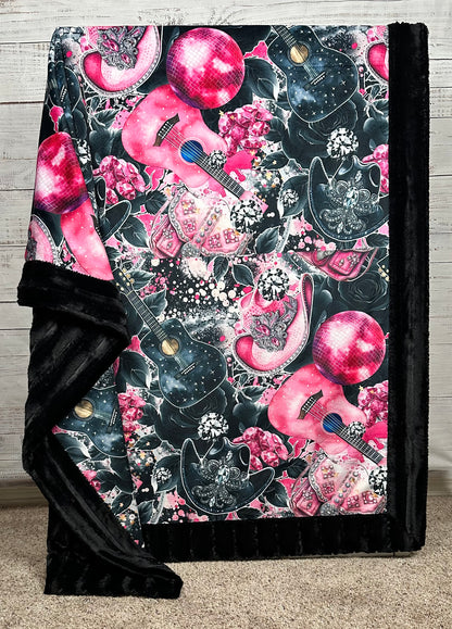Cowgirl Pink Hat and Guitars on Black Luxe Large 55x79 Minky Blanket