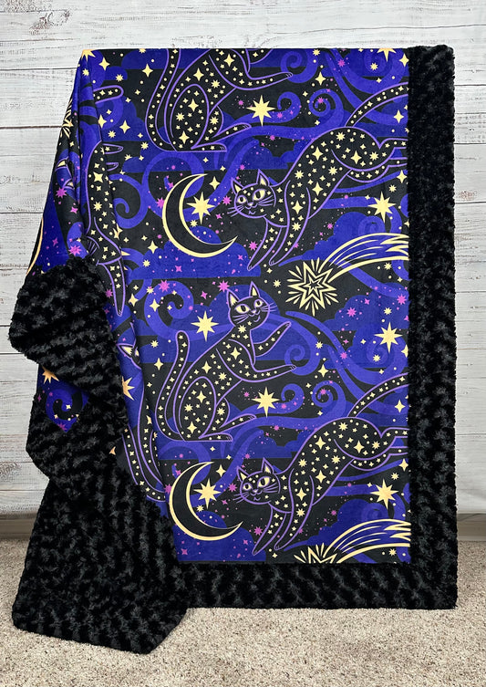 Starlight Kitties on Black Luxe Large 55x79 Minky Blanket