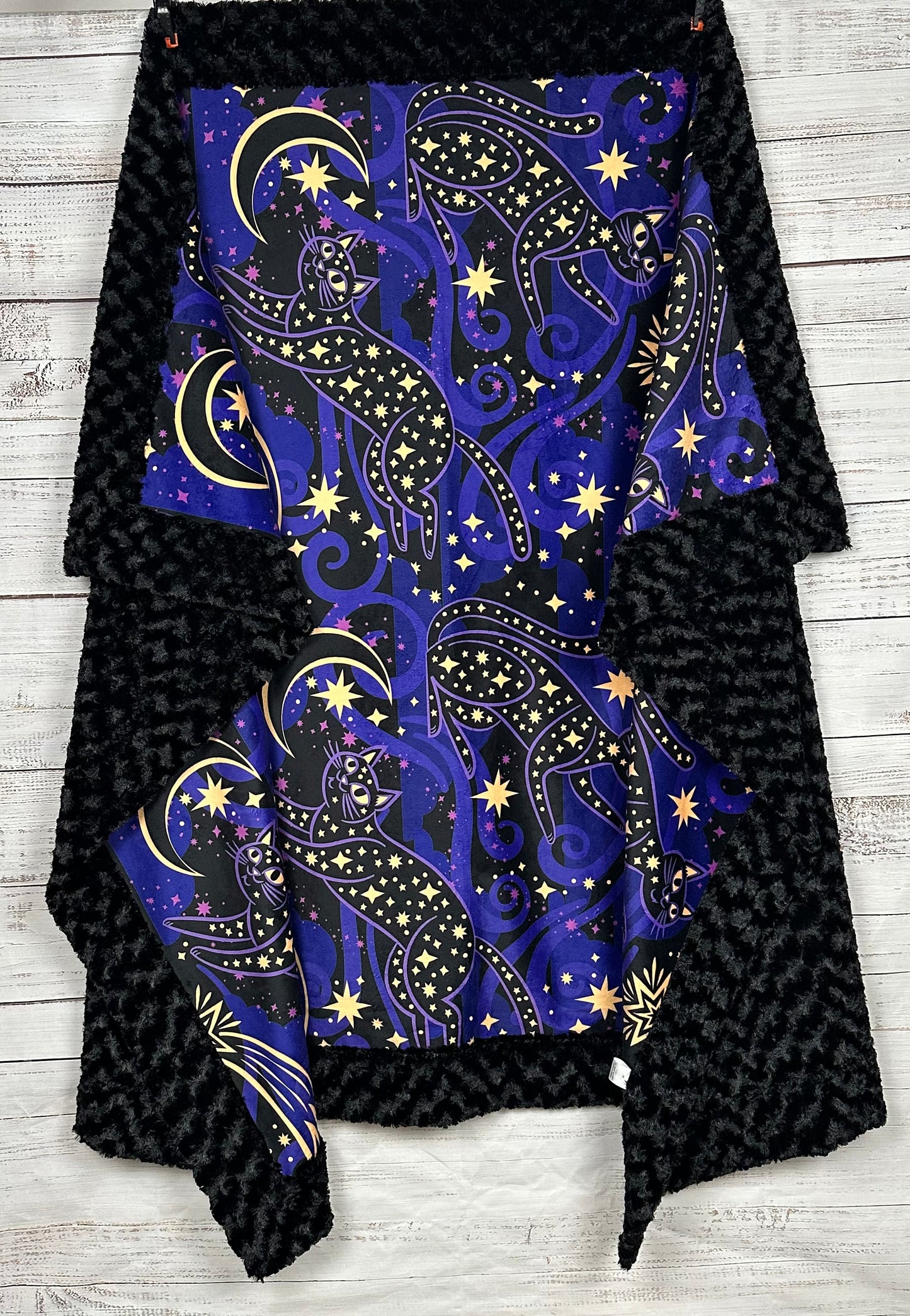 Starlight Kitties on Black Luxe Large 55x79 Minky Blanket