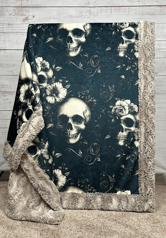 Gothic Skulls and Flowers on Sand Shell Luxe Large 55x79 Minky Blanket