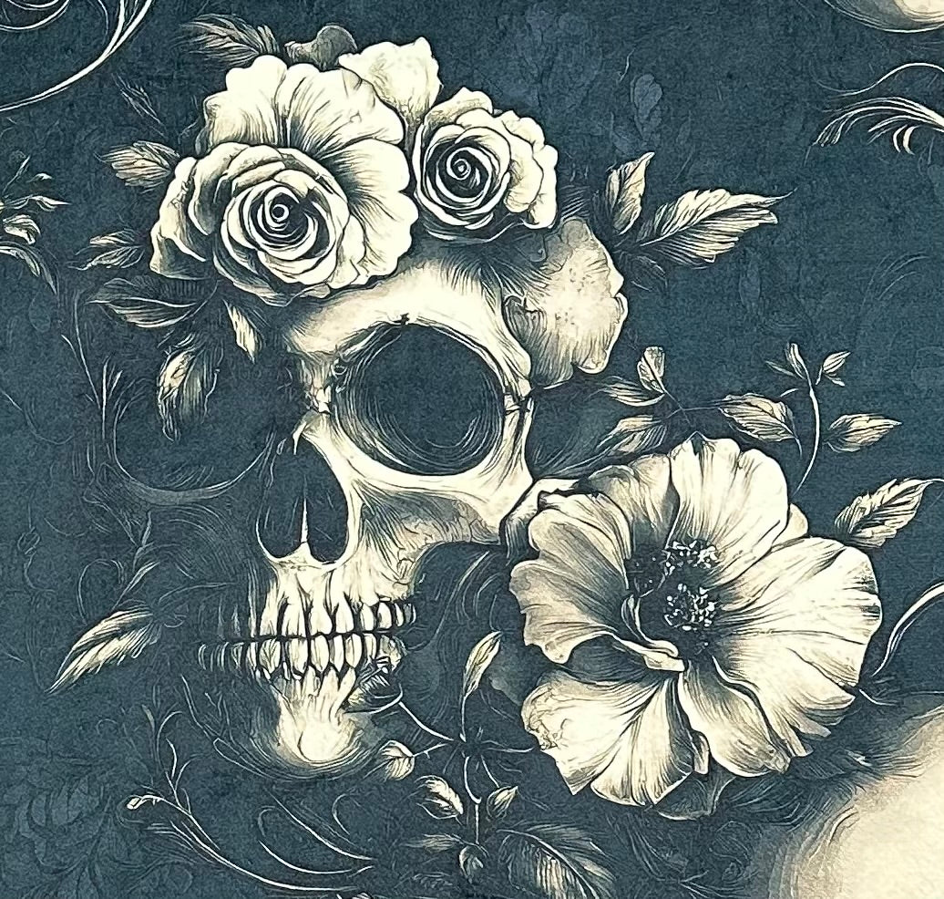 Gothic Skulls and Flowers on Sand Shell Luxe Large 55x79 Minky Blanket