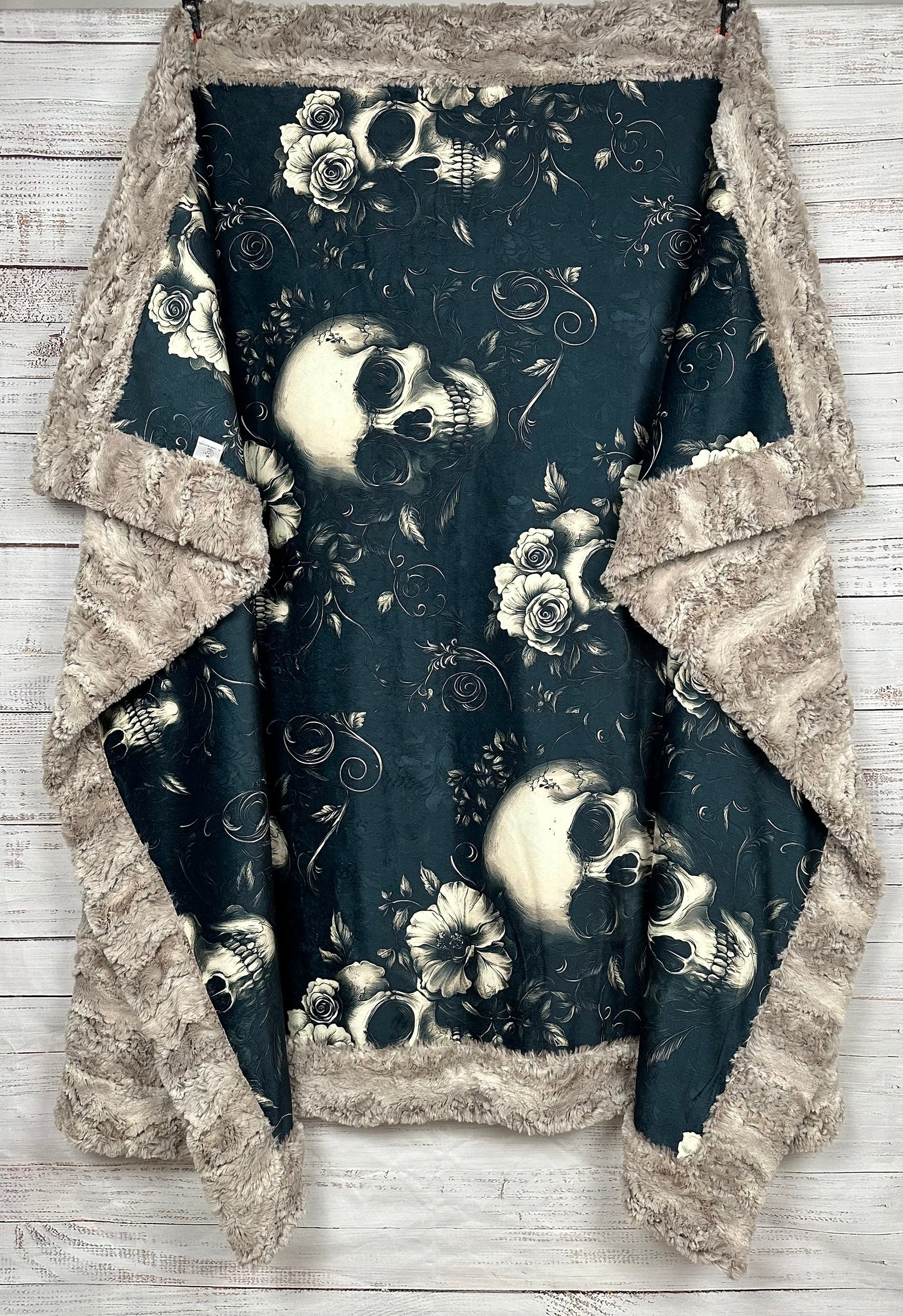 Gothic Skulls and Flowers on Sand Shell Luxe Large 55x79 Minky Blanket