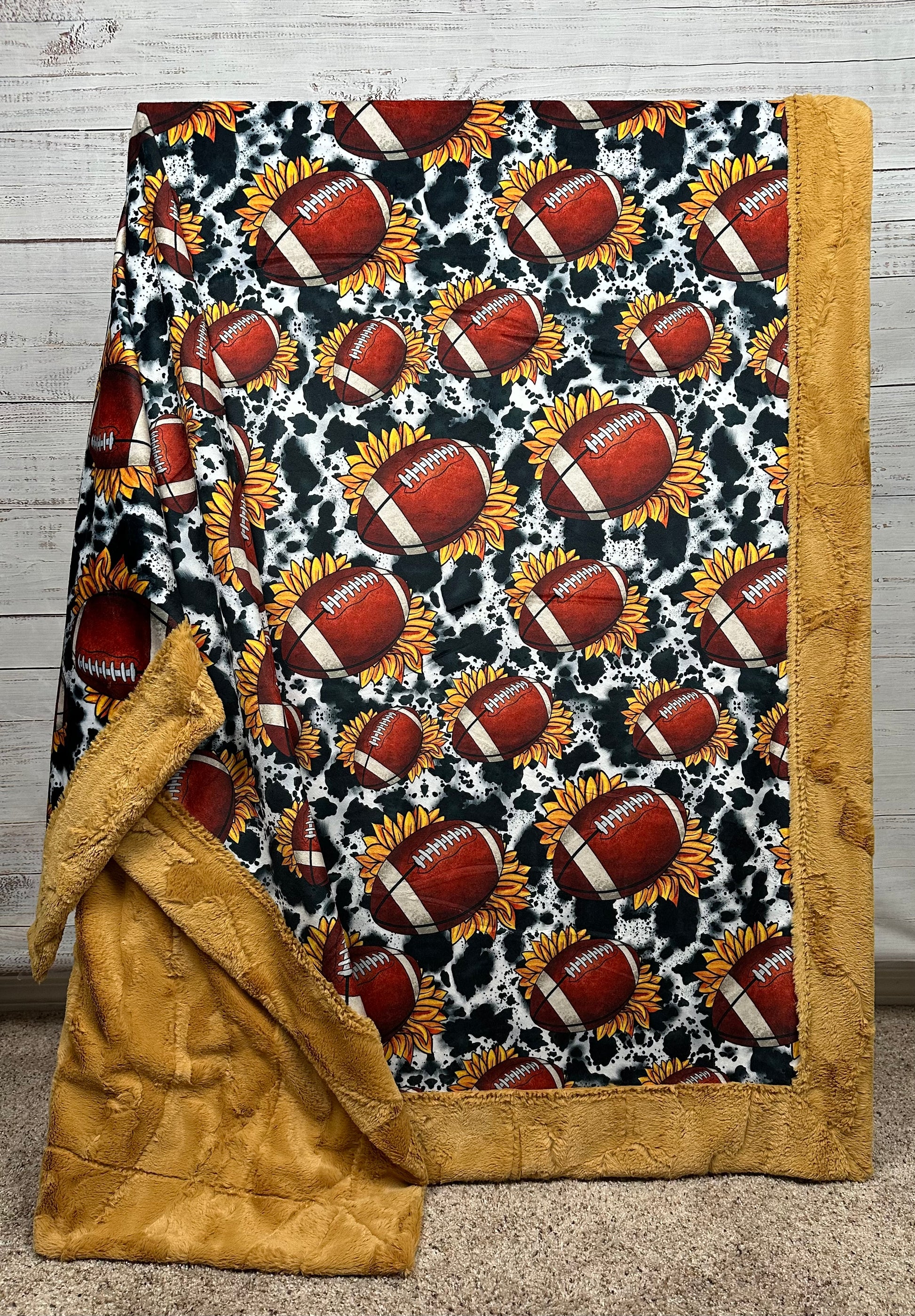 Football and Sunflowers on Golden Luxe Large 55x79 Minky Blanket