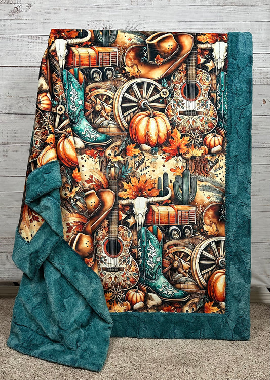 Rustic Western Guitar on Lagoon Luxe Large 55x79 Minky Blanket
