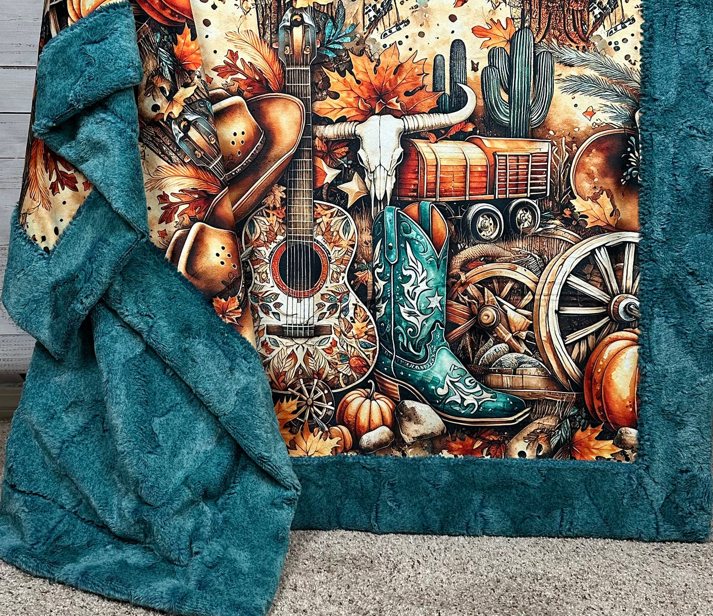 Rustic Western Guitar on Lagoon Luxe Large 55x79 Minky Blanket