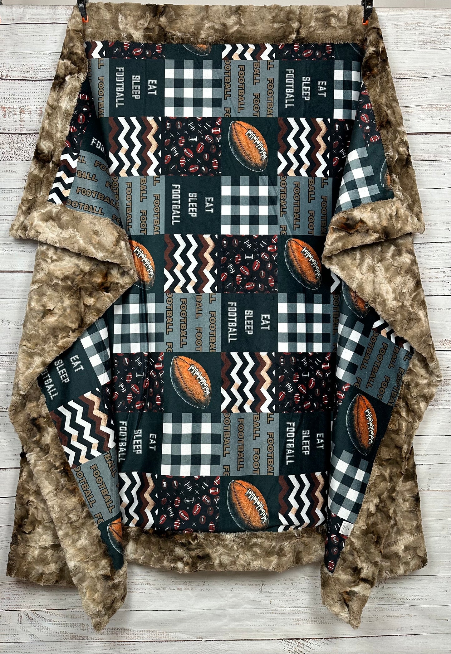 Eat, Sleep, Football Patchwork on Taupe Luxe Large 57x79 Minky Blanket