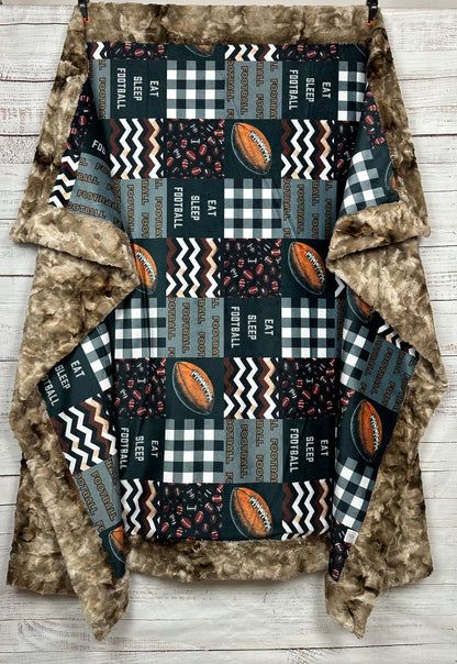 Eat, Sleep, Football Patchwork on Taupe Luxe Large 57x79 Minky Blanket
