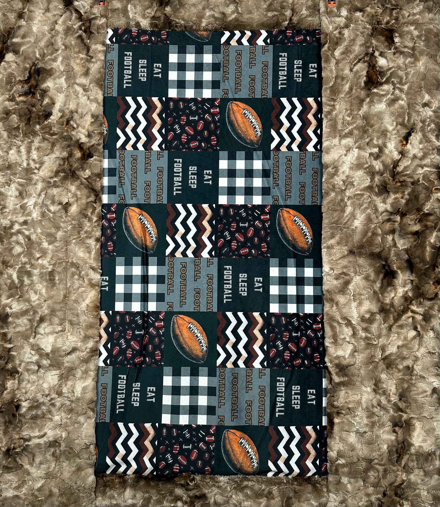 Eat, Sleep, Football Patchwork on Taupe Luxe Large 57x79 Minky Blanket