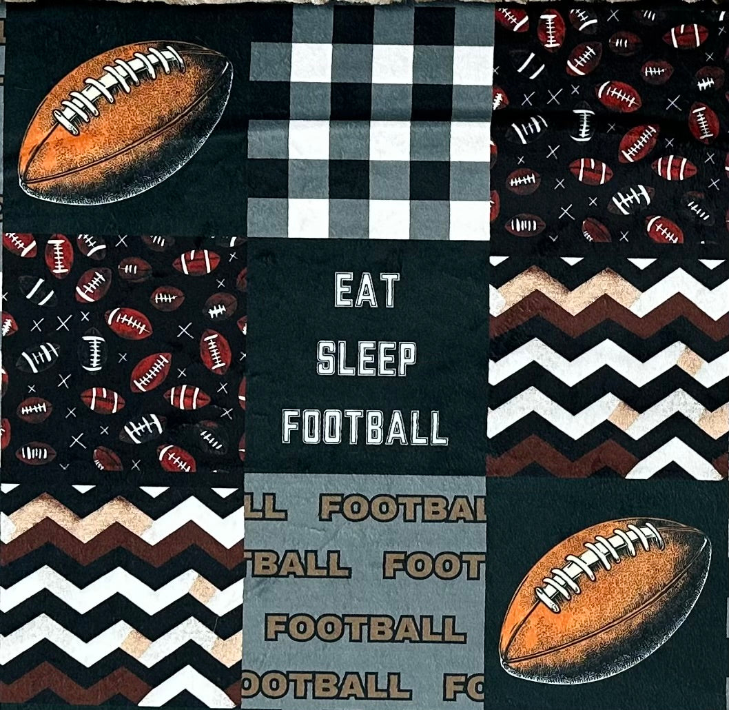 Eat, Sleep, Football Patchwork on Taupe Luxe Large 57x79 Minky Blanket