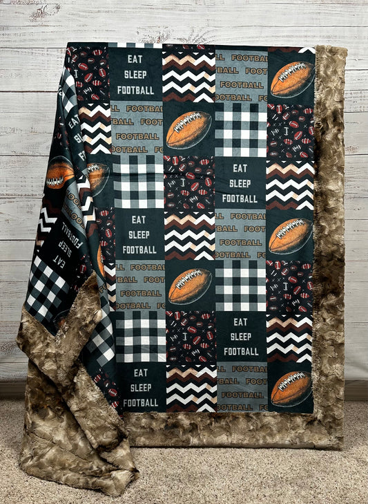Eat, Sleep, Football Patchwork on Taupe Luxe Large 57x79 Minky Blanket