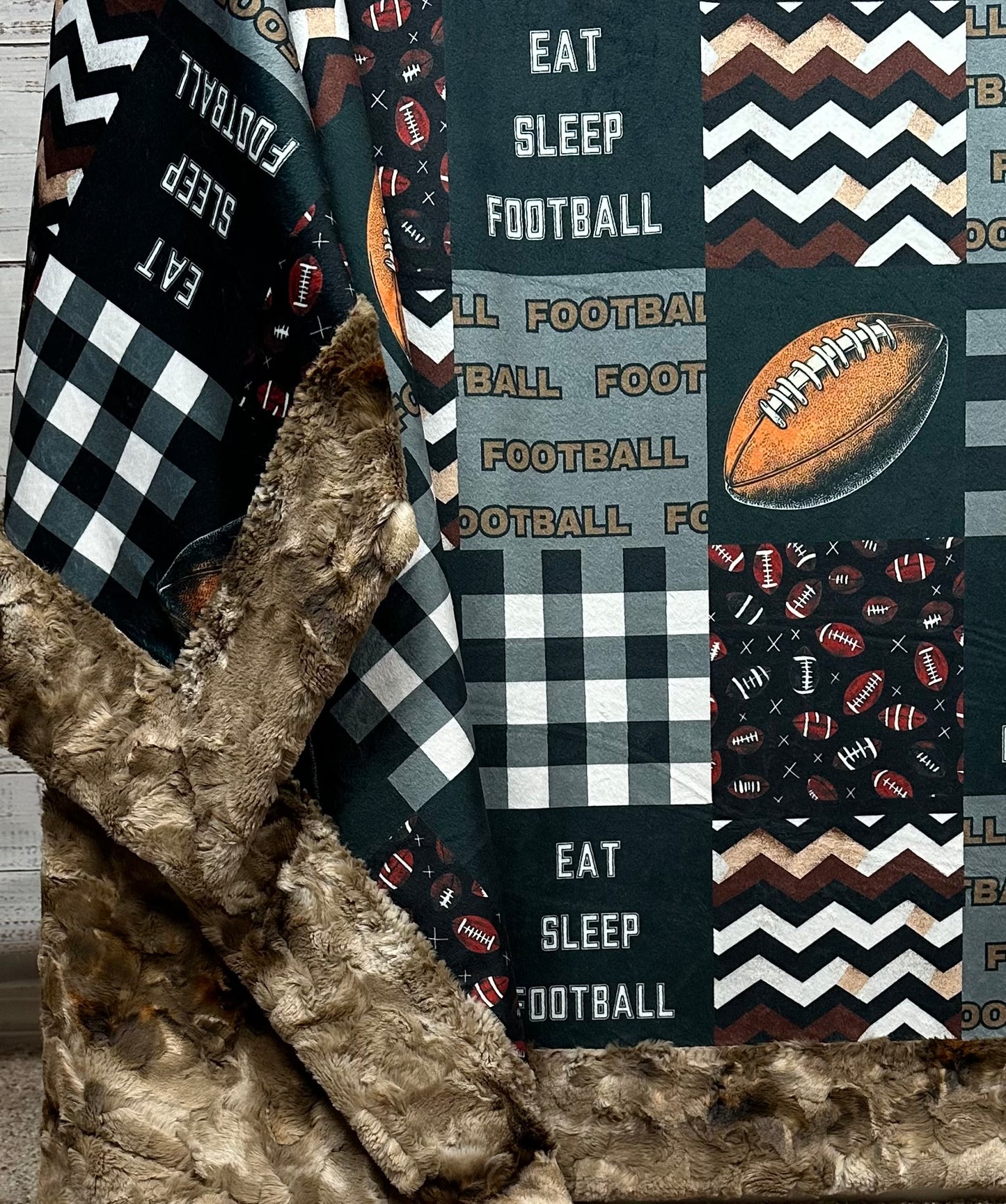 Eat, Sleep, Football Patchwork on Taupe Luxe Large 57x79 Minky Blanket