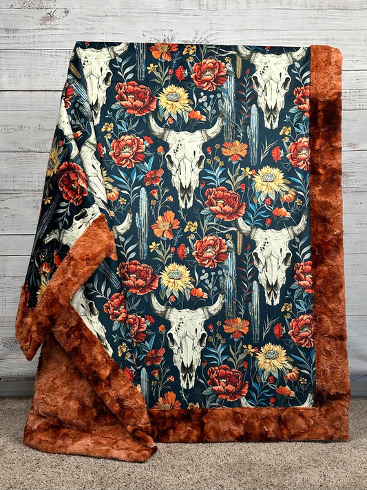 Boho Western Skull Floral on Ginger Luxe Large Minky Blanket 55x79