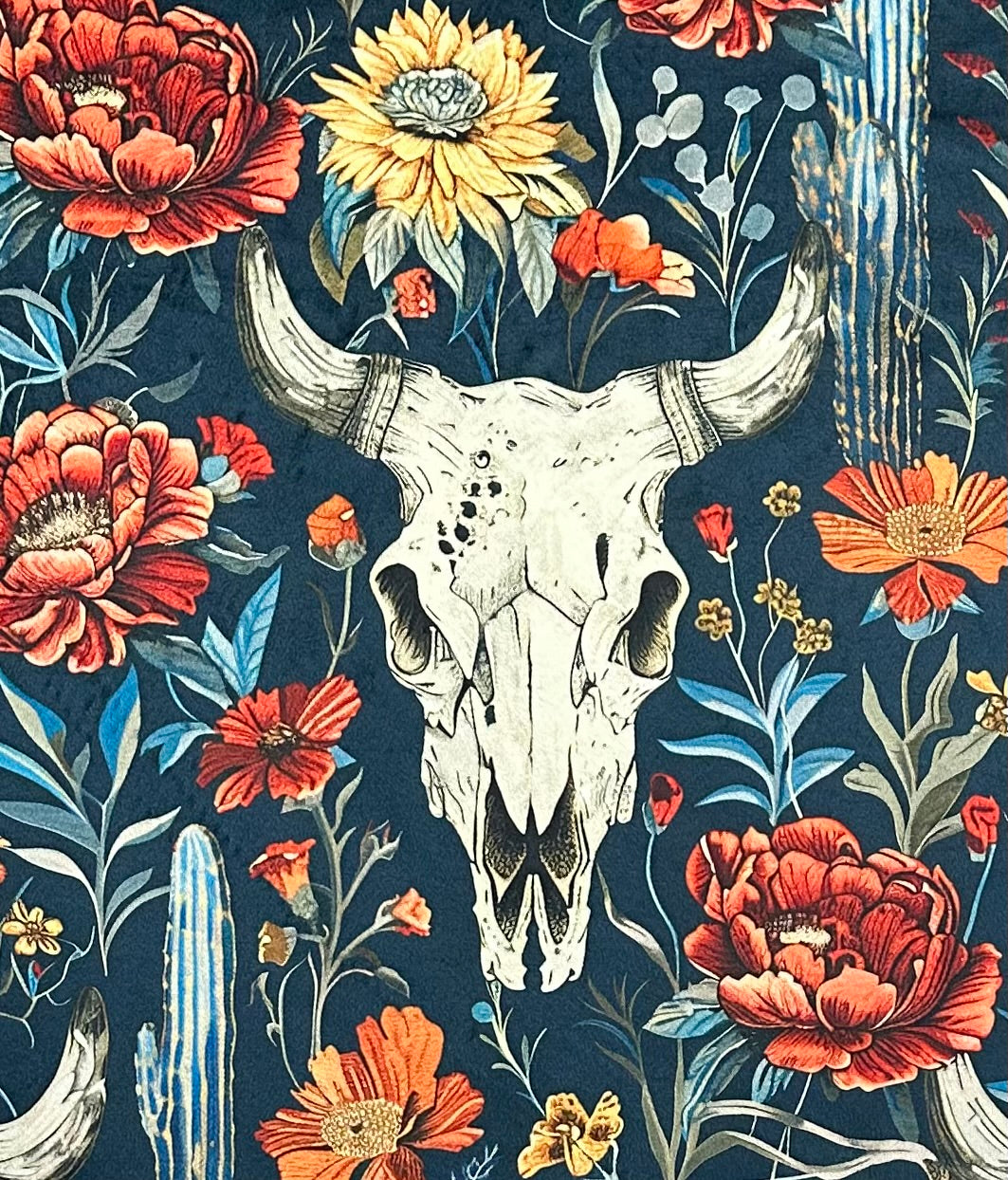 Boho Western Skull Floral on Blue Luxe Large 55x79 Large Minky Blanket