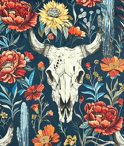 Boho Western Skull Floral on Blue Luxe Large 55x79 Large Minky Blanket