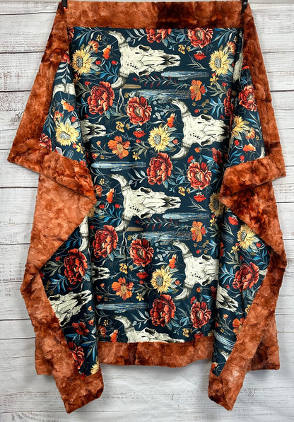 Boho Western Skull Floral on Ginger Luxe Large Minky Blanket 55x79