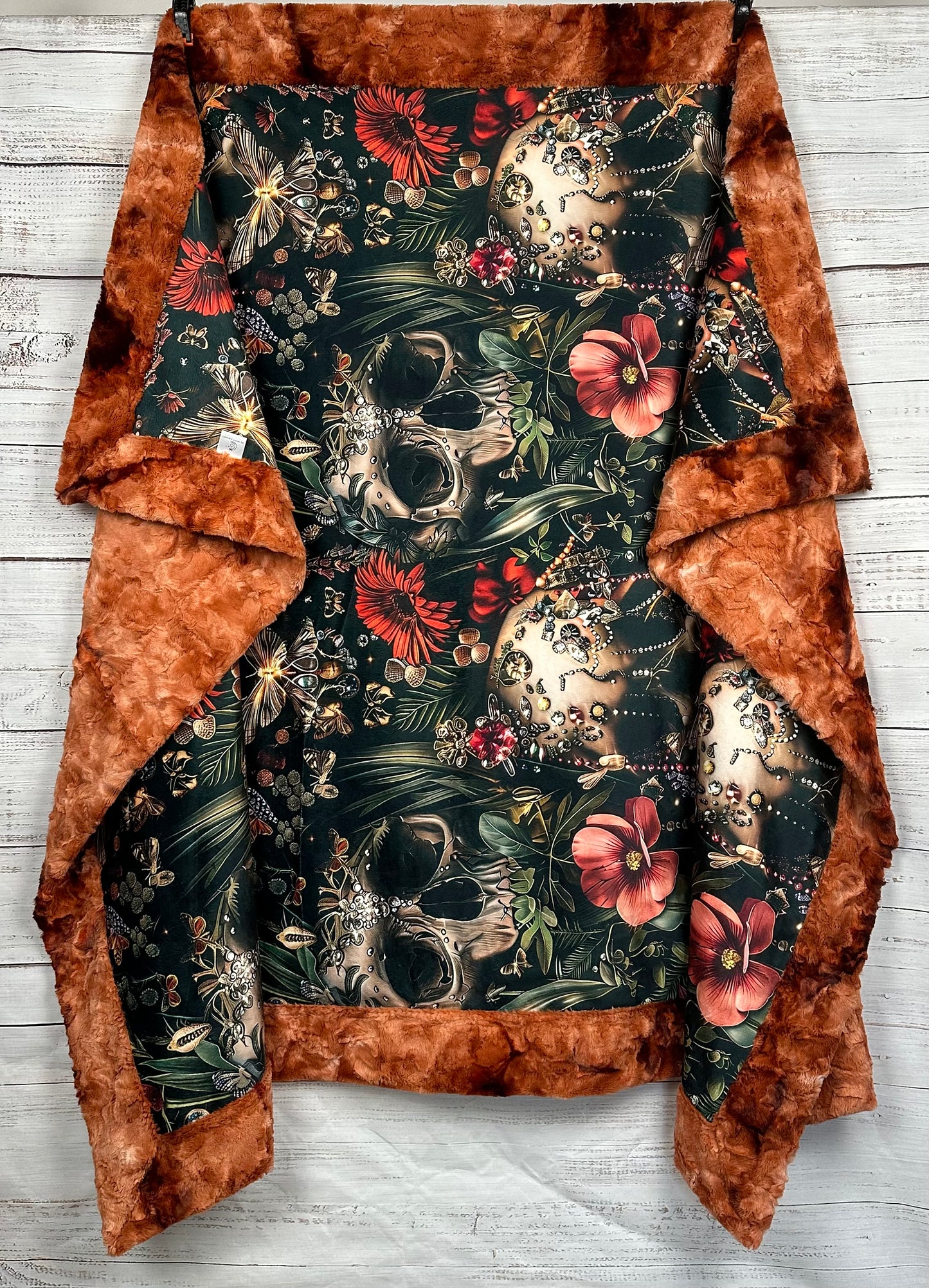 Gothic Skulls and Flowers on Ginger Luxe Large Minky Blanket 55x79