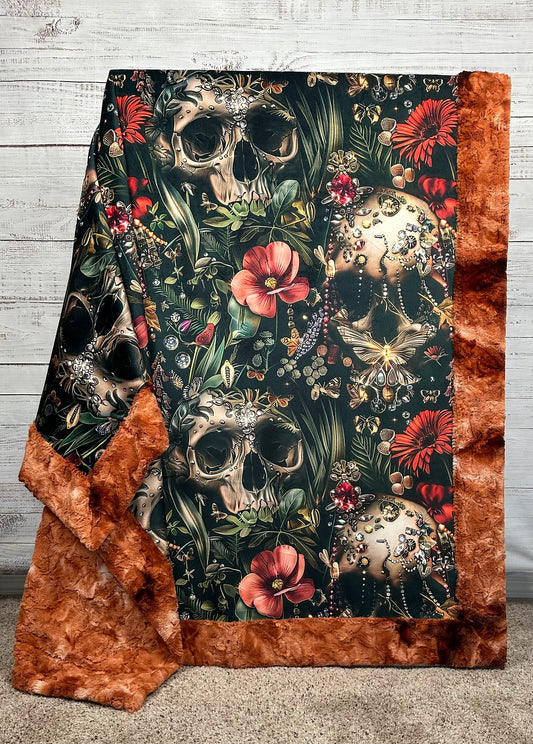 Gothic Skulls and Flowers on Ginger Luxe Large Minky Blanket 55x79