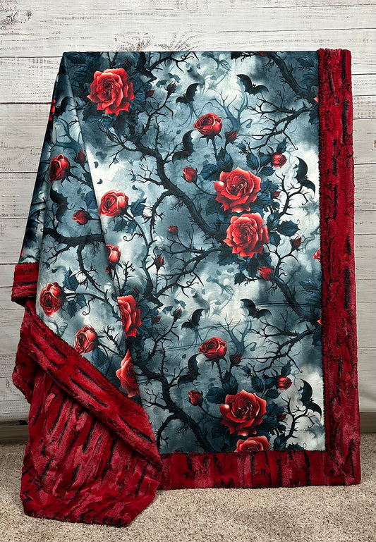 Bats and Roses on Red Luxe Large 55x79 Minky Blanket