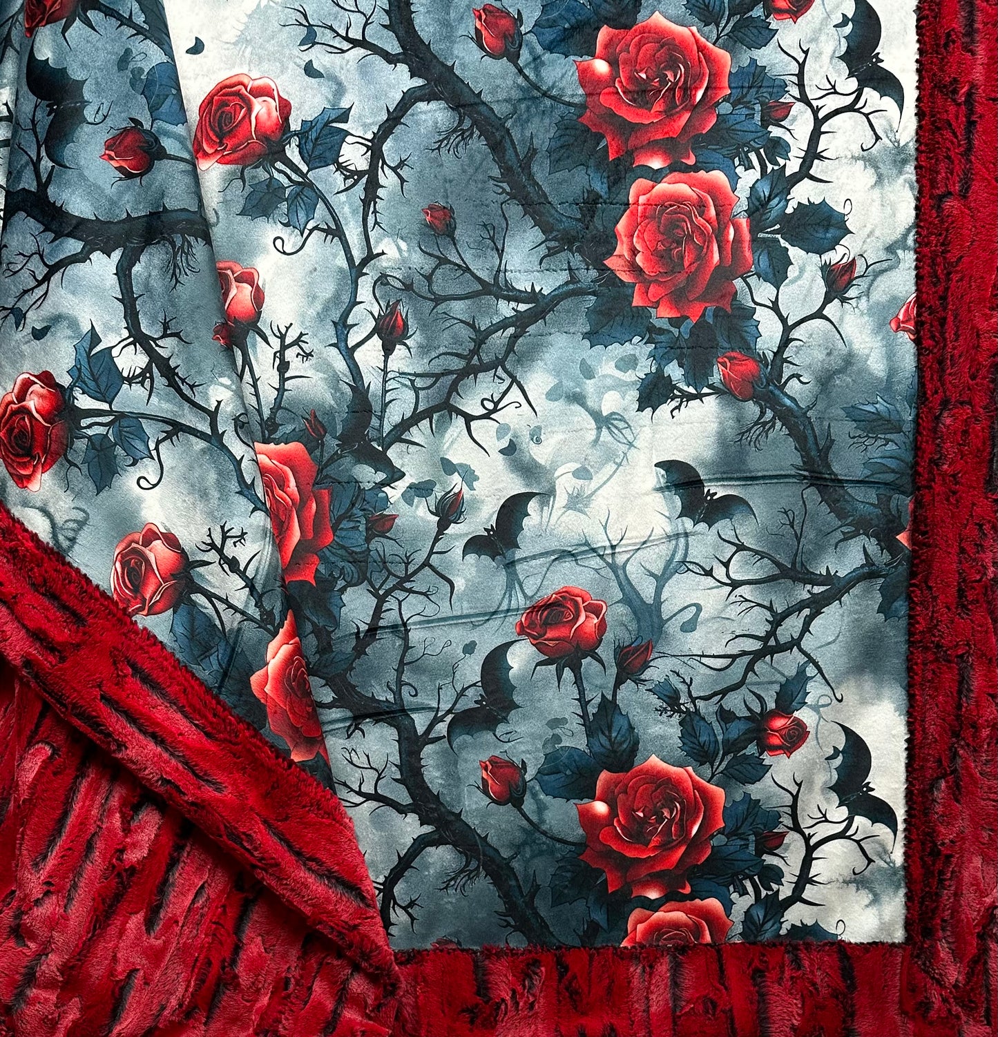 Bats and Roses on Red Luxe Large 55x79 Minky Blanket