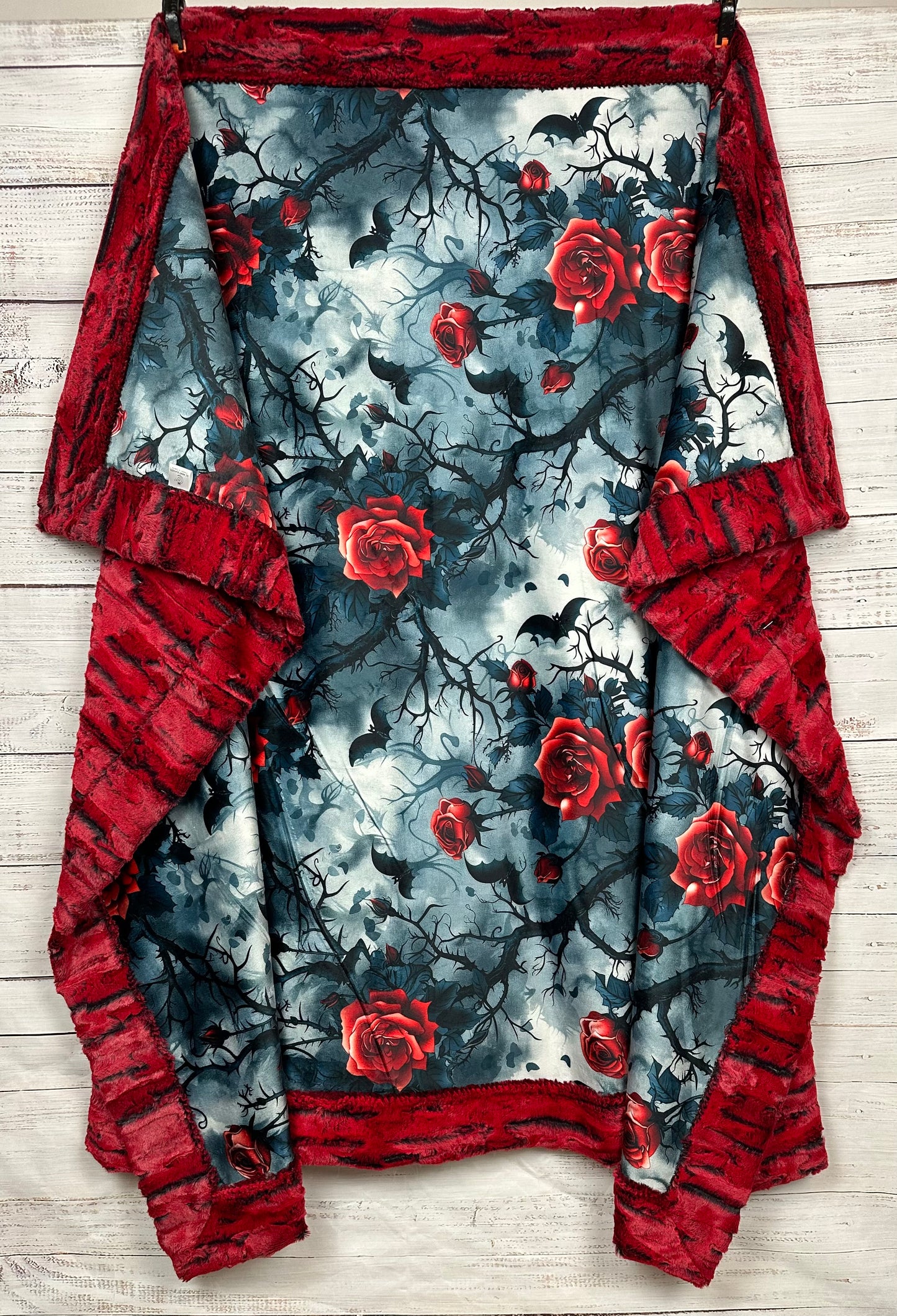 Bats and Roses on Red Luxe Large 55x79 Minky Blanket