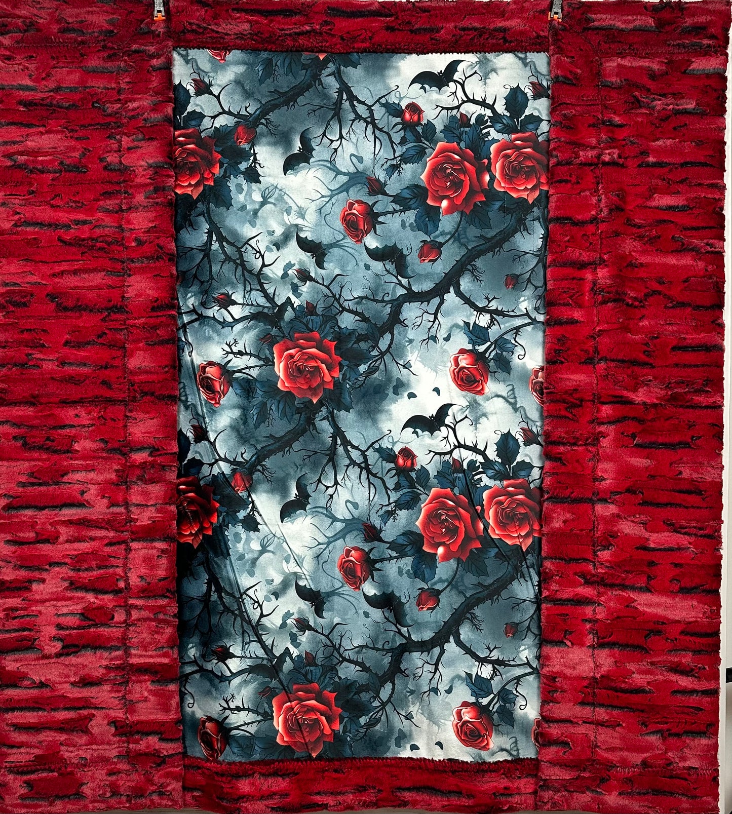 Bats and Roses on Red Luxe Large 55x79 Minky Blanket