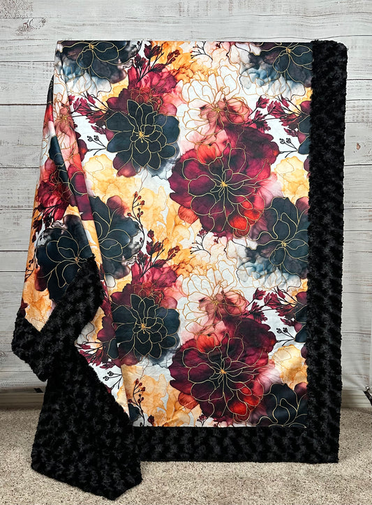 Fall Floral on Black Luxe Large Minky Blanket 55x79