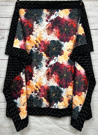 Fall Floral on Black Luxe Large Minky Blanket 55x79