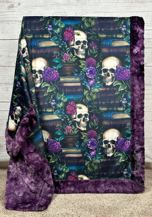 Books and Skulls Floral on Plum Luxe Large 54x79 Minky Blanket