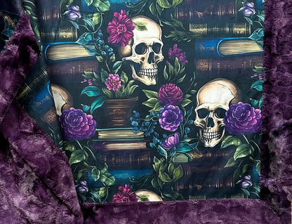 Books and Skulls Floral on Plum Luxe Large 54x79 Minky Blanket