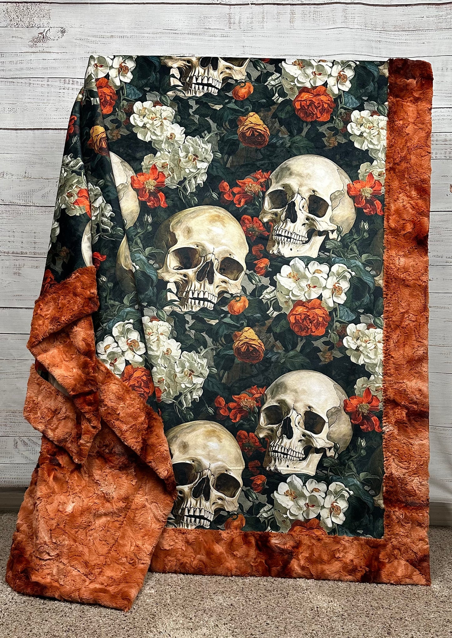 Blooming Skull Garden on Ginger Luxe Large 54x79 Minky Blanket