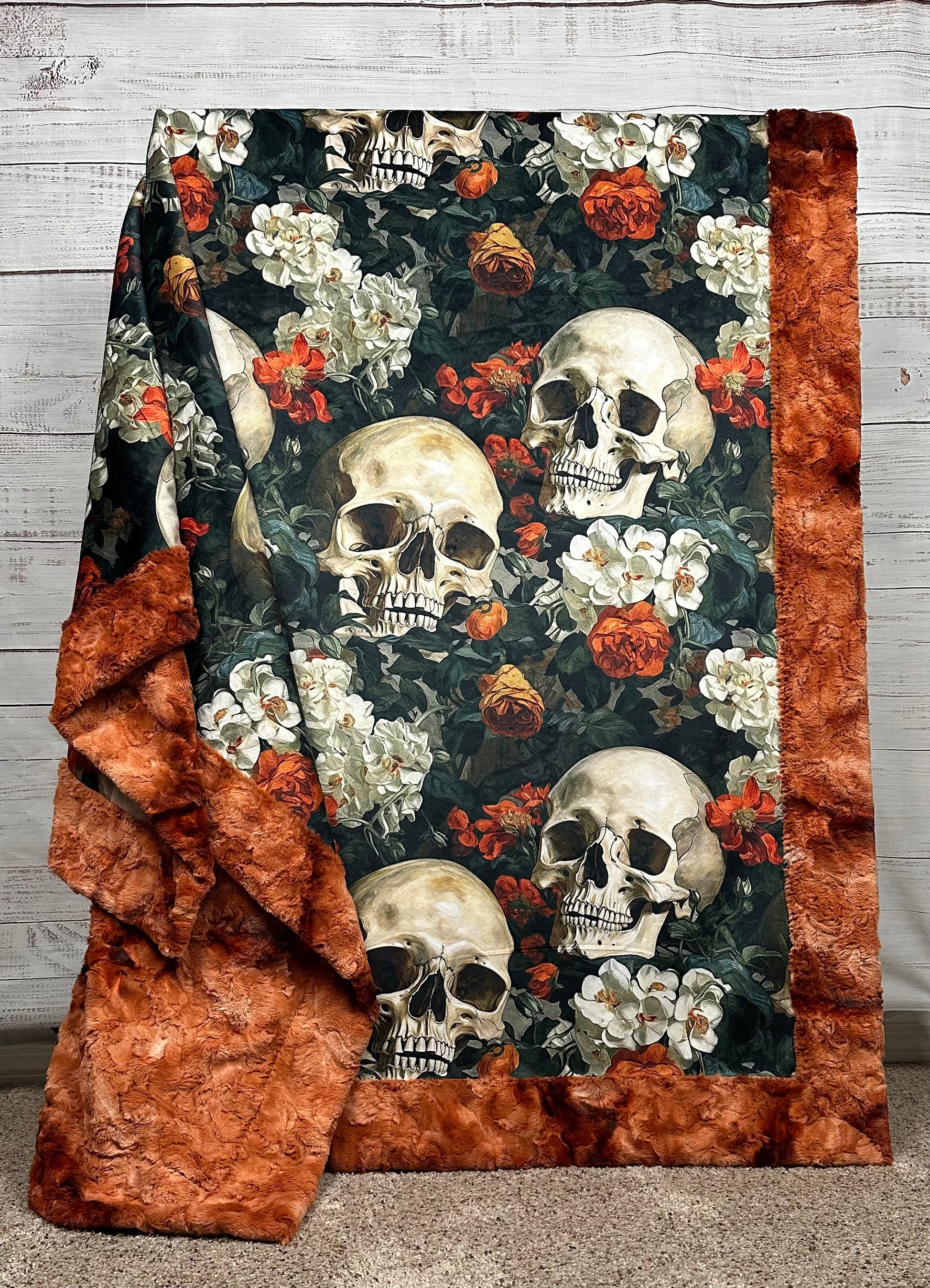 Blooming Skull Garden on Ginger Luxe Large 54x79 Minky Blanket