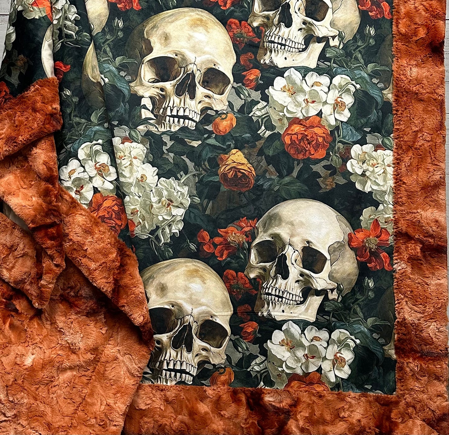 Blooming Skull Garden on Ginger Luxe Large 54x79 Minky Blanket