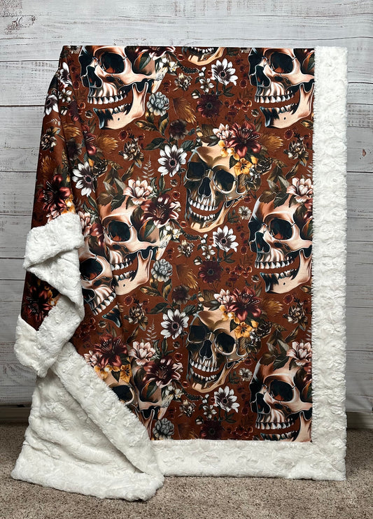 Gothic Fall Skulls and Flowers on Natural Luxe Large 54x79 Minky Blanket