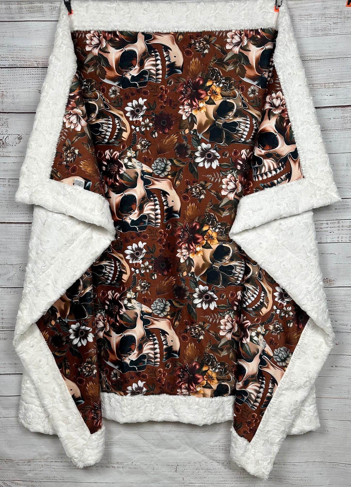 Gothic Fall Skulls and Flowers on Natural Luxe Large 54x79 Minky Blanket
