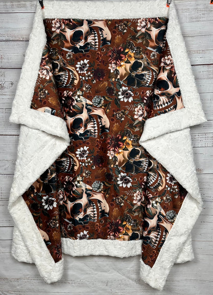 Gothic Fall Skulls and Flowers on Natural Luxe Large 54x79 Minky Blanket