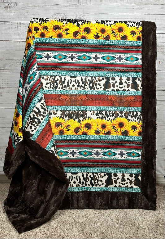 New Mexico Sunflowers on Brown Luxe Large 57x80 Minky Blanket