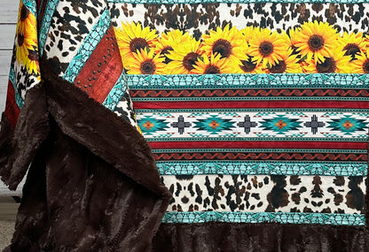 New Mexico Sunflowers on Brown Luxe Large 57x80 Minky Blanket