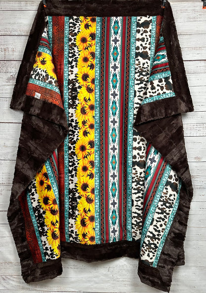 New Mexico Sunflowers on Brown Luxe Large 57x80 Minky Blanket