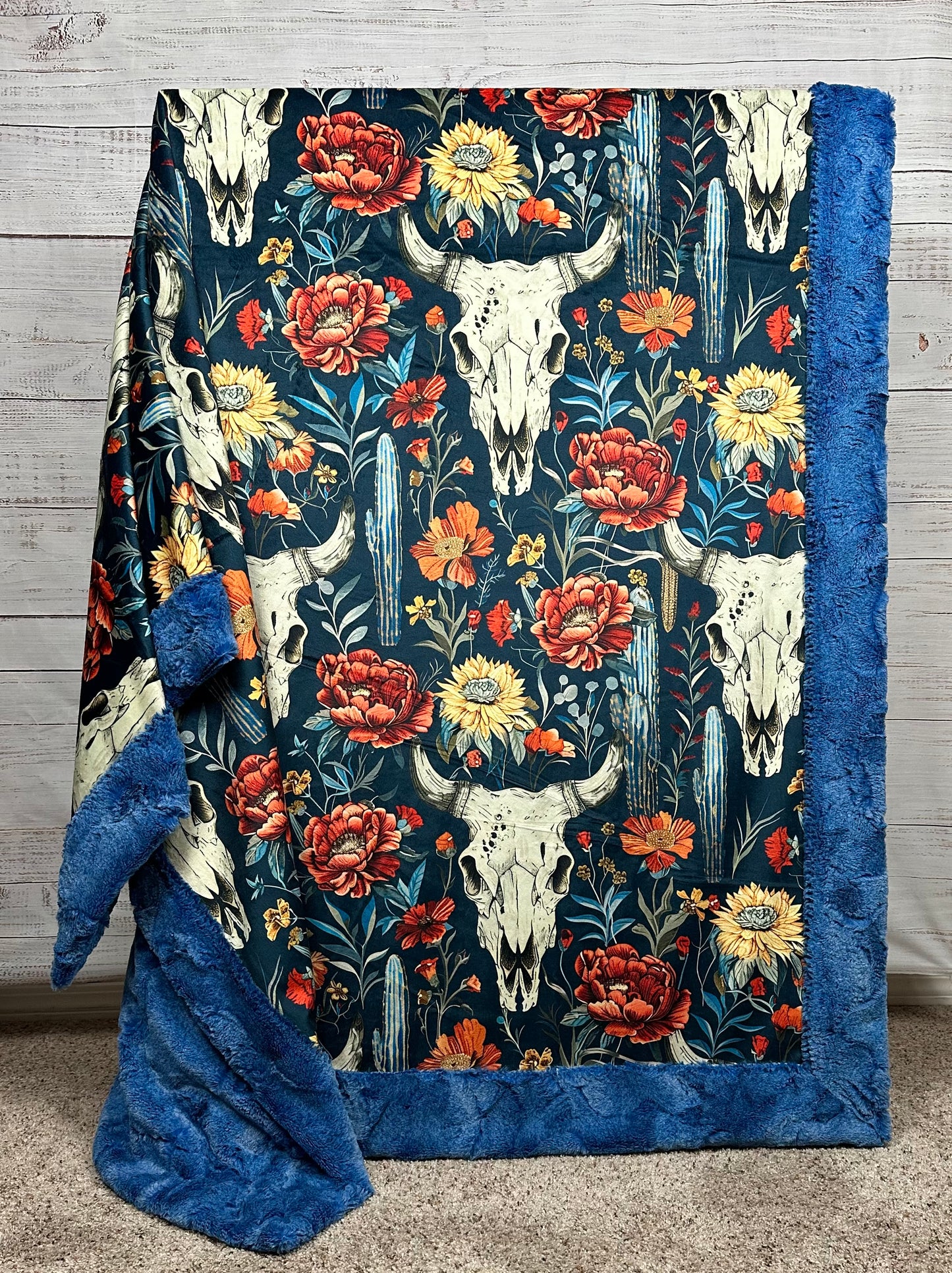 Boho Western Skull Floral on Blue Luxe Large 55x79 Large Minky Blanket