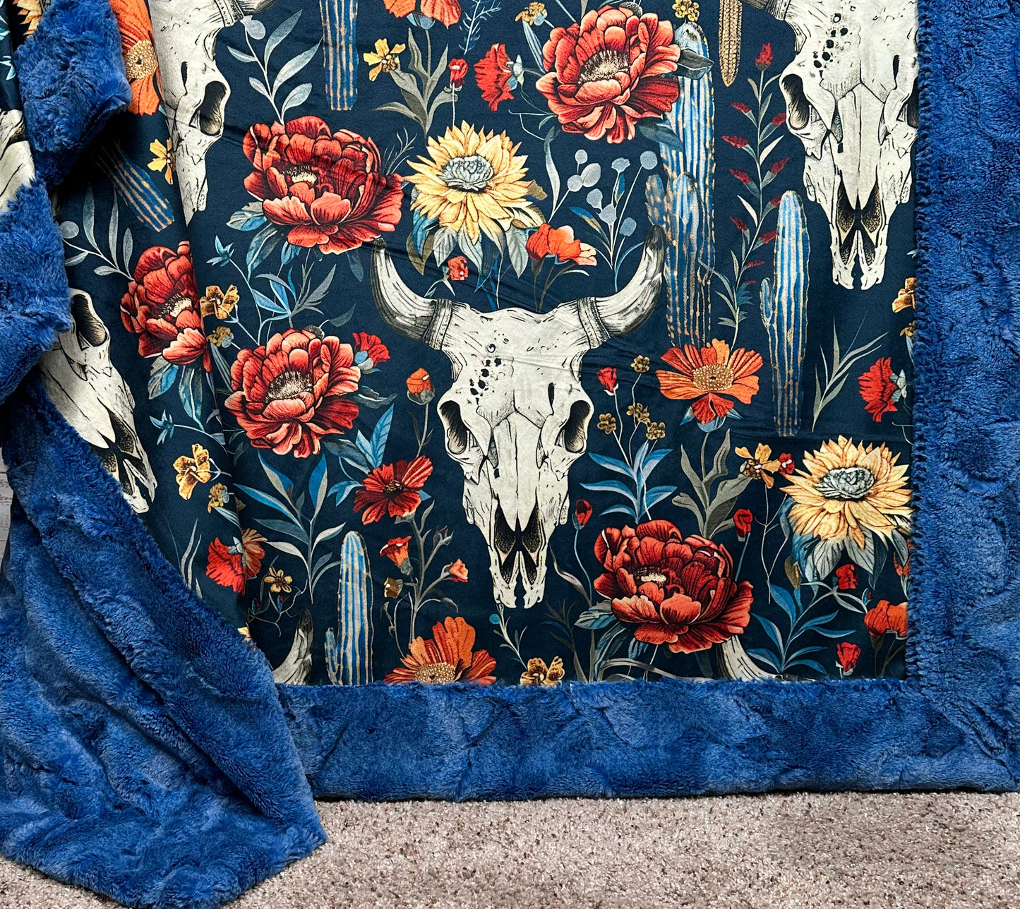 Boho Western Skull Floral on Blue Luxe Large 55x79 Large Minky Blanket