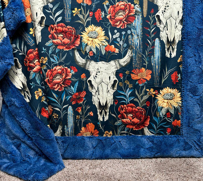 Boho Western Skull Floral on Blue Luxe Large 55x79 Large Minky Blanket