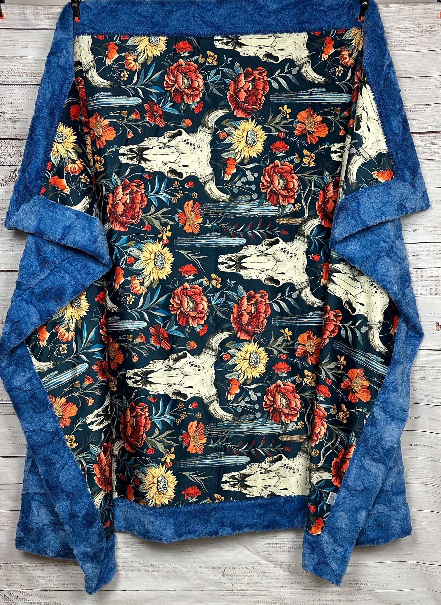 Boho Western Skull Floral on Blue Luxe Large 55x79 Large Minky Blanket