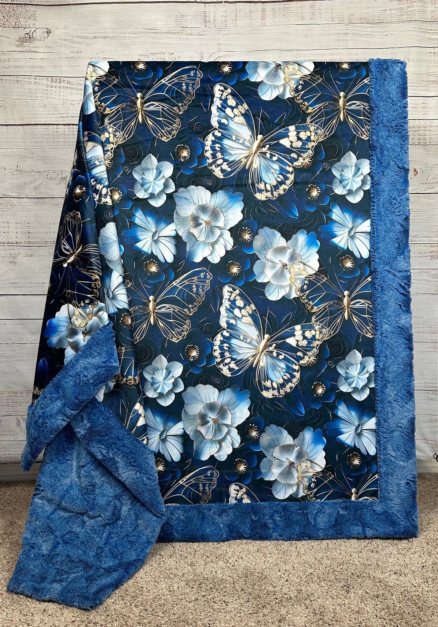 3D Butterflies on Blue Luxe Large 56x79 Minky Blanket