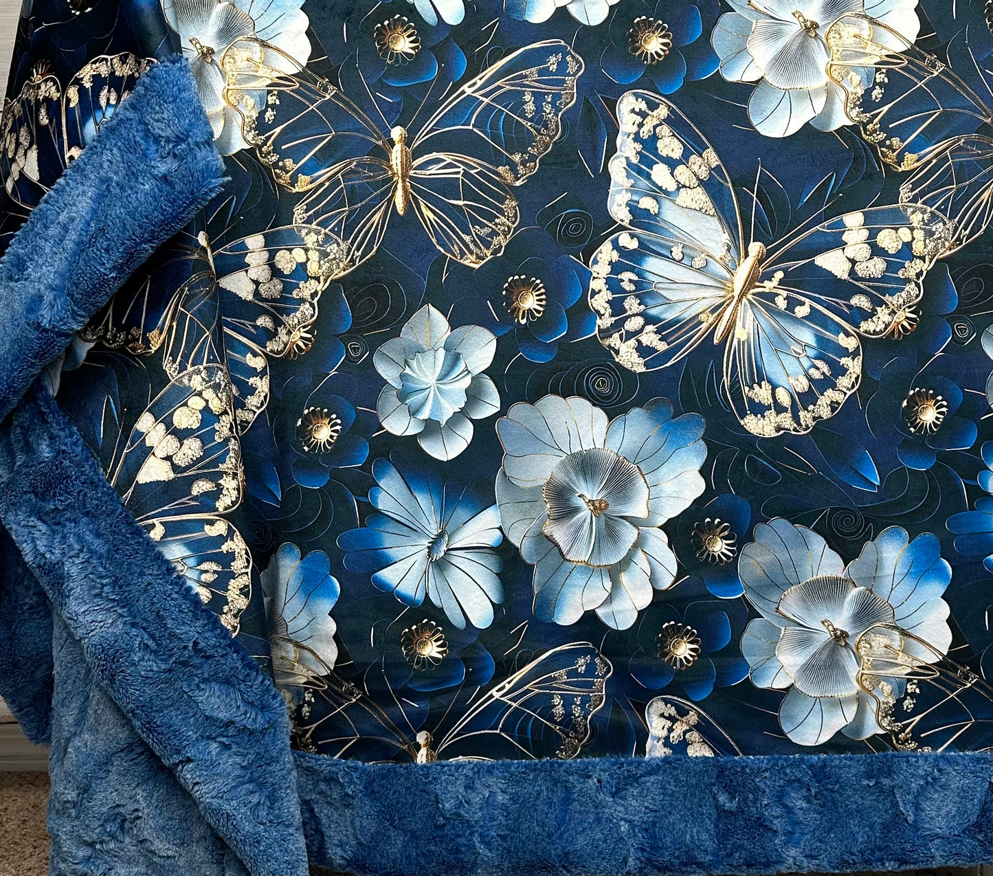 3D Butterflies on Blue Luxe Large 56x79 Minky Blanket