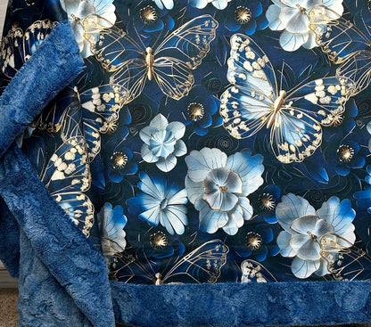 3D Butterflies on Blue Luxe Large 56x79 Minky Blanket