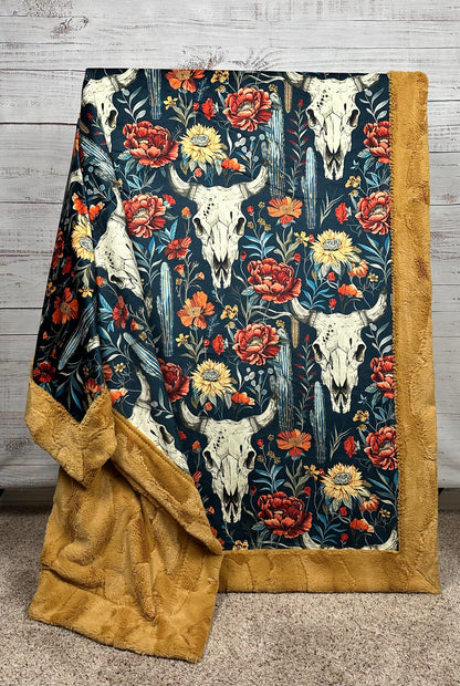 Boho Western Skull Floral on Golden Luxe Large 55x79 Minky Blanket